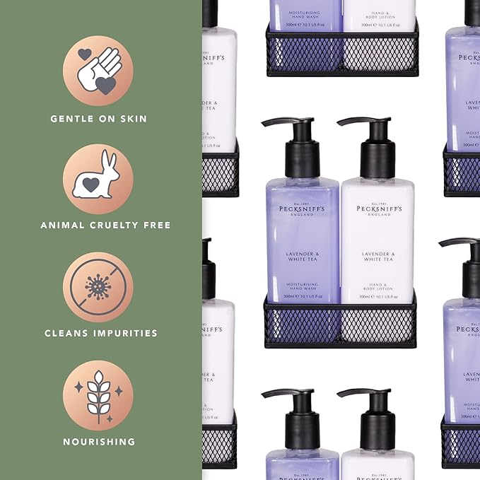 Pecksniff's Handwash Soap and Lotion Set Stress Reducing Aromotherapy Cleanser That Leaves Hands Soft and Lightly Scented (Lavender and White Tea Black Caddy)