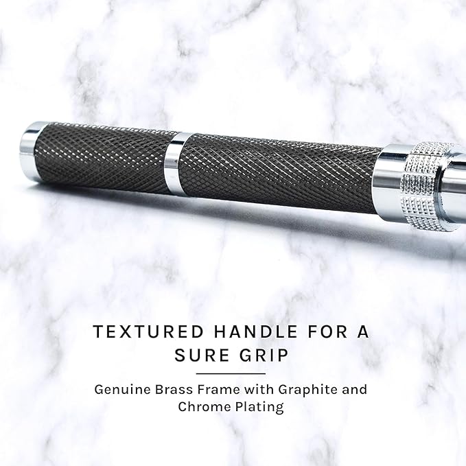 Parker 96R Graphite Gray Long Handle Butterfly Open Double Edge Safety Razor for Men 5 Parker Premium Platinum Double Edge Razor Blades Included