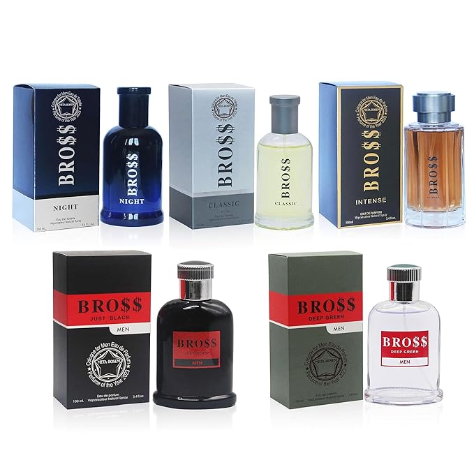 META-BOSEM 5Pc Set Men's Cologne Collection Eau de Parfum Natural Spray - Woody Fresh Notes - Holiday Gift (Pack of 5) Each 3.4 Fl Oz Total 17 Fl Oz