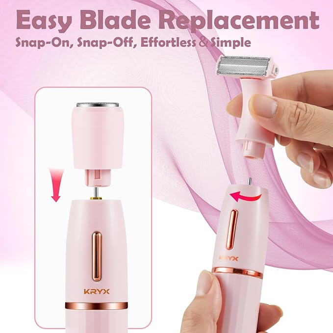 KRYX Bikini Trimmer for Women Electric Razors for LegsWaterproof Pubic Hair Trimmer Women Facial Hair RemoverPainless Body Shaver for TravelReplaceable Ladies RazorsPink