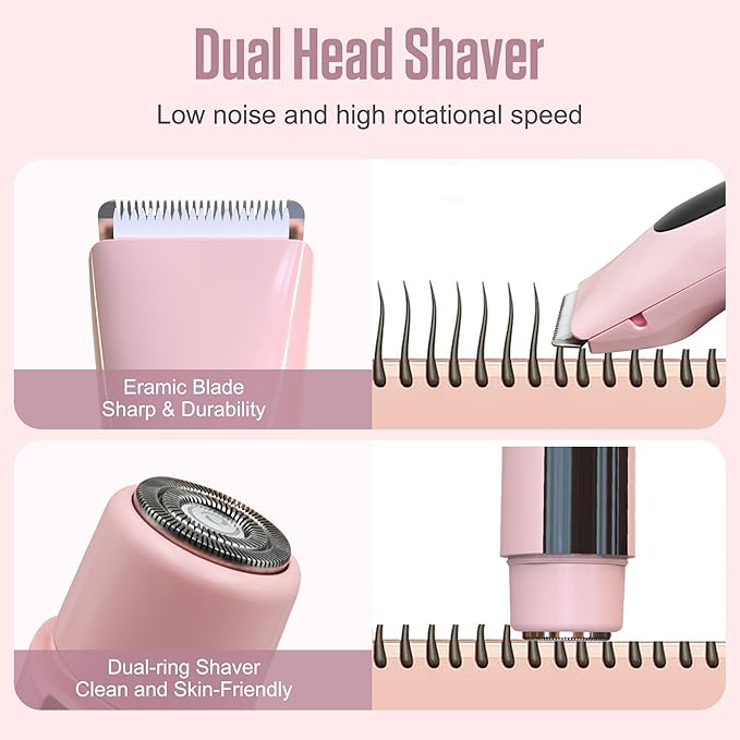 Bikini Trimmer for Women - Painless Electric Razors for Silk SkinCordless Body Shaver for Trip IPX7 Waterproof Dual Head Pink