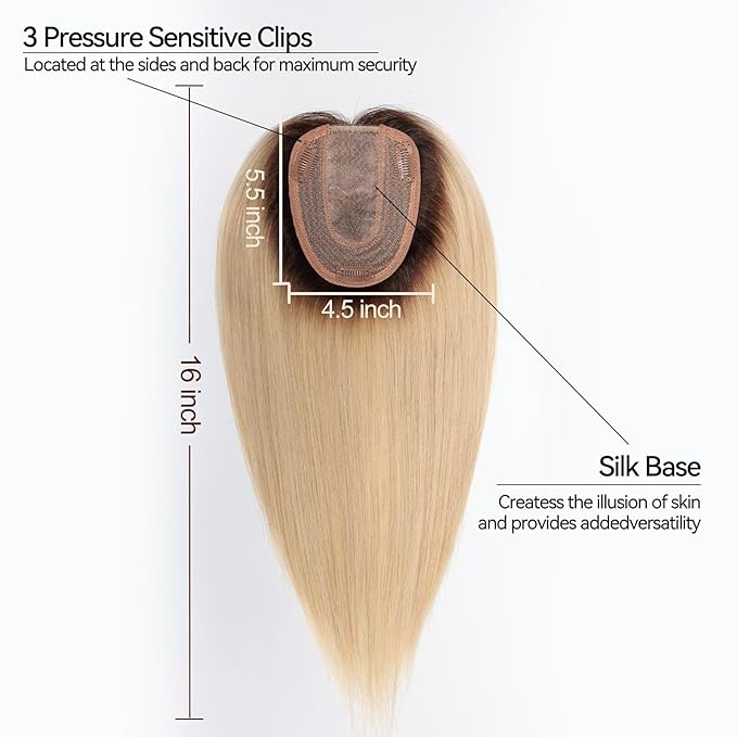 HAIRCUBE Human Hair Toppers For Women 100% Remy Human Hair No Bangs 120% Density Silk Base Clip In Topper For Slight Hairloss For Women 16 inch 60g - Ombre Light Blonde