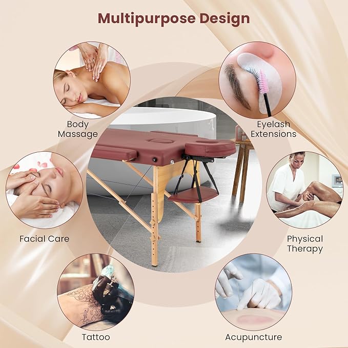 Giantex Massage Table Portable Massage Bed w/Carrying Case 2-Section Salon Spa Facial Care Tattoo Bed Height Adjustable Wood Frame Professional Massage Lash Bed for Eyelash Extension (Red)