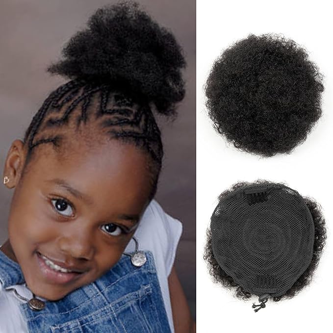 Boymia Afro Puff Extension for Kids 2Pcs #1 Jet Black 4 Inch Short Curly Hair Afro Bun Extension 100% Human Hair Naturally Styled Hairpiece Updo Hair Extensions