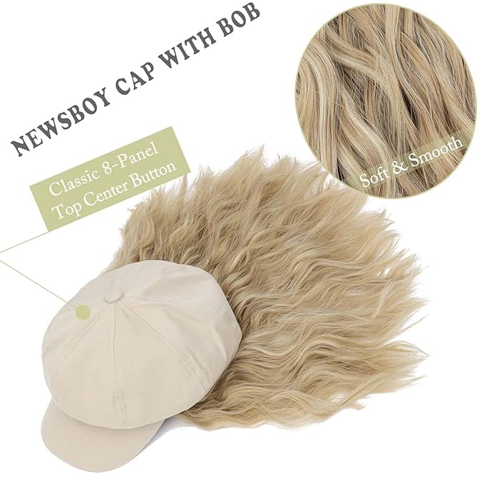 YEKEYI Beret Hat with Hair Newsboy Cap with Bob Hair Extensions Hat Wig Visor Beret Short Curly Wavy Hairpiece for Women