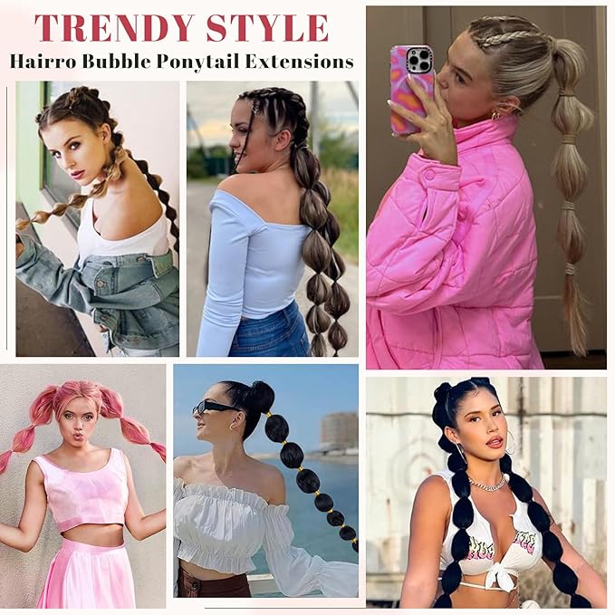 Hairro 2 Packs Long Bubble Ponytails Extension for Women Afro Puff Pony tail Kinky Straight Lantern Ponytails Synthetic Hair Pieces 34 Inch #30T60 Light Auburn to Light Blonde
