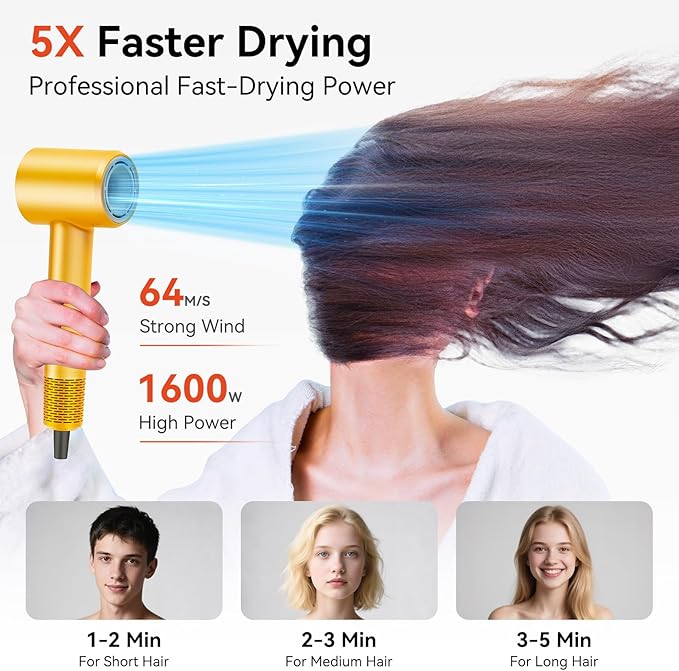 Professional Hair Dryer with Temperature Control Ionic Technology Low Noise (Yellow with Diffuser Nozzle)