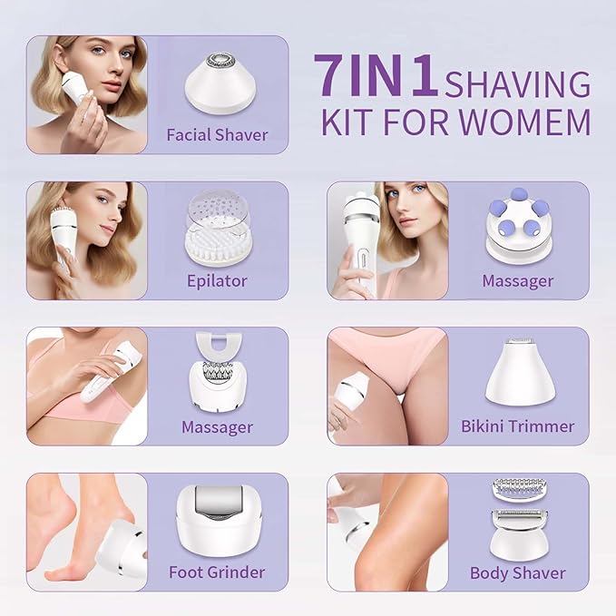Electric Razors for Women Whole Body: 7 in 1 Hair Removal KitRechargeable Body Shaver - Wet Dry Hair Remover - Trimmer for Lady Face Underarms Public