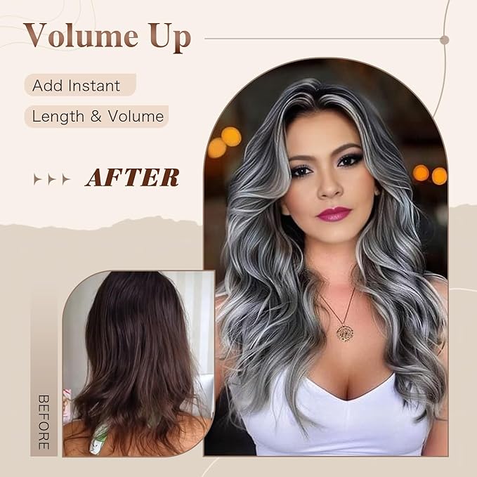 Dark Gray Highlight Wigs for Women Long Layered Wavy Wig with Curtain Bangs Synthetic Wig Black Mixd Dark Grey Highlight Curly Butterfly Shaggy Grey Layered Hair for Women Daily Party Use 24Inch