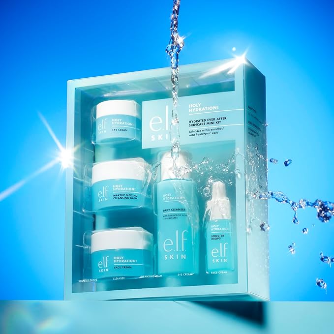 e.l.f. SKIN Holy Hydration! Hydrated Ever After Skincare Mini Kit Cleanser Makeup Remover Moisturizer &amp Eye Cream For Hydrating Skin Airplane-Friendly Sizes