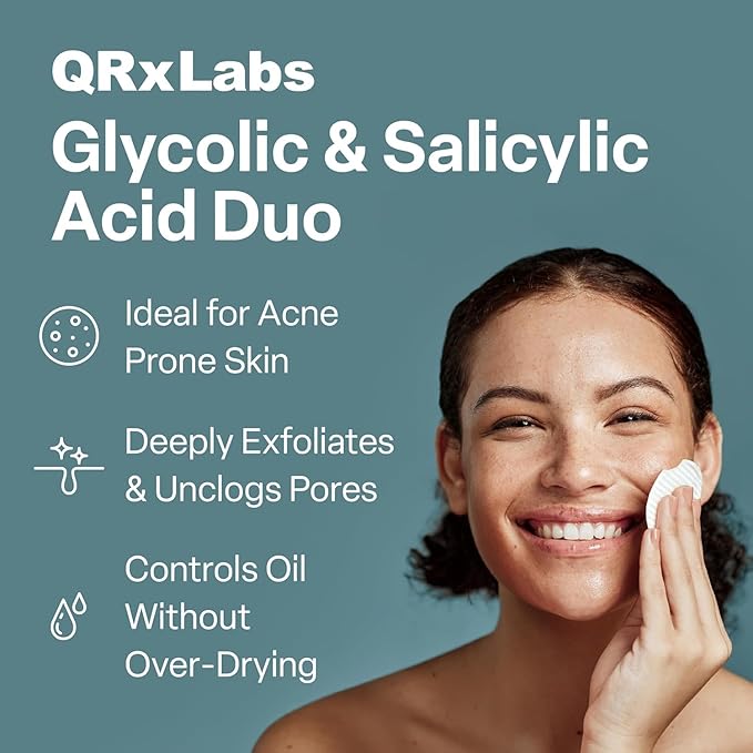 QRxLabs Glycolic/Salicylic Acid 10/2 Acne Control Pads with 10% Ultra Pure Glycolic + 2% Salicylic Acid Allantoin Vitamins B5 C &amp E Calendula Green Tea - Most Effective Treatment Clear Skin -