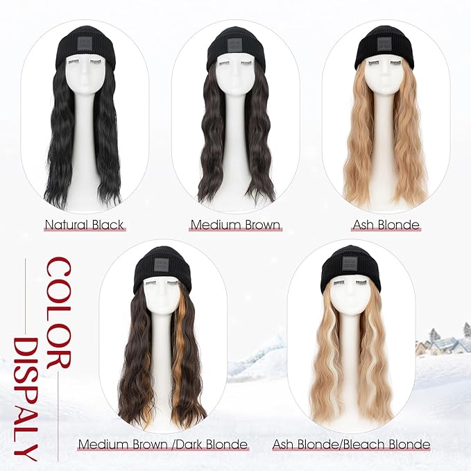S-noilite Beanie Wig Hair Extensions18 Inch Long Wavy Hair Extensions with Knitted Hat Hairpieces for Women Winter Ash Blonde with Bleach Blonde