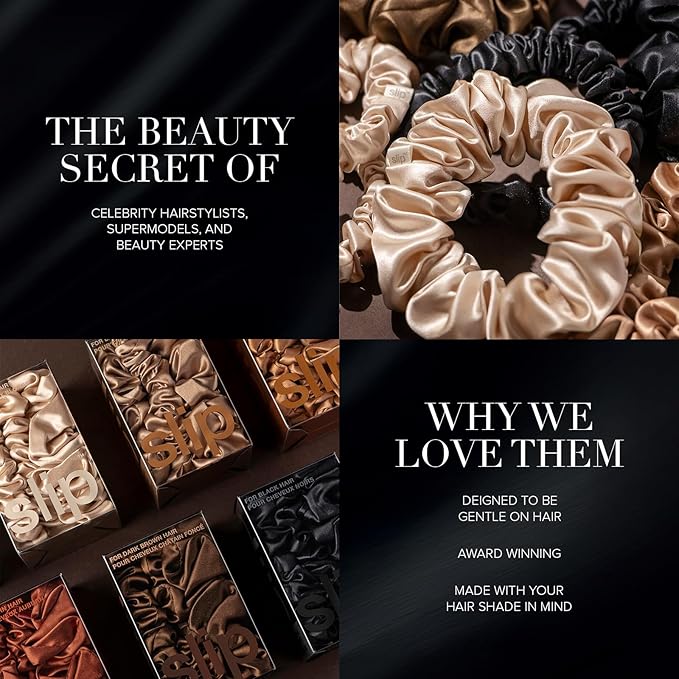 slip Back to Basics Dark Brown Midi &amp Large Scrunchie Set | Includes 2 Midi &amp 1 Large Pure Silk Scrunchies | 100% Mulberry Silk Anti-Crease Gentle on Hair Reduces Breakage | Elegant &amp D