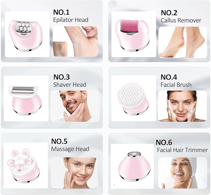 Epilator for Women 6 in 1 Hair Removal Epilator Shaver Face Razor Facial Brush Face Massage and Body ExfoliatorIPX7 Waterproof Rechargeable Hair Removal for Women (Pink)