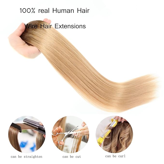 RECOOL Wire Hair Extensions Real Human Hair Balayage Chocolate Brown to Caramel Blonde Remy Hair Extensions Invisible Wire Hair Extension Straight Clip in Hair Extension(16 inch)