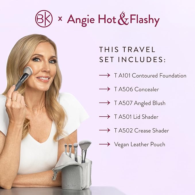 BK BEAUTY BRUSHES - ANGIE HOT &amp FLASHY Travel Brush Set with Pouch - Foundation Makeup Brushes - Brush for Liquid or Cream Foundations - Under-Eye Concealer | Bronzer Blush &amp Highlighter Make