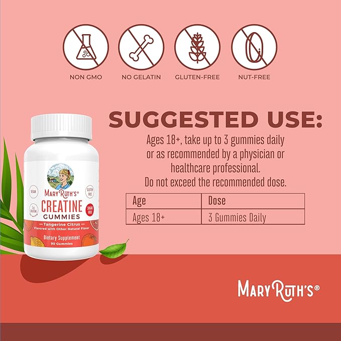 MaryRuth's Creatine Gummies | Creatine Monohydrate Gummies | 1 g Creatine Per Gummy | Creatine for Women &amp Men | Tangerine Citrus Flavor | Exercise | Workout | Sugar Free | Vegan | 90 Count