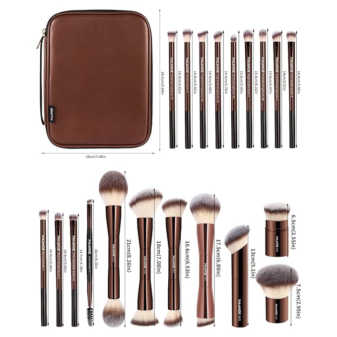 MAANGE 20 PCS Makeup Brush Set with Bag Double-ended Kabuki Brush Foundation Contour Brush for Liquid Powder Concealer Eye Shadows Cream Cosmetics Blending Blush Face Makeup Tools with Case (Coffee)