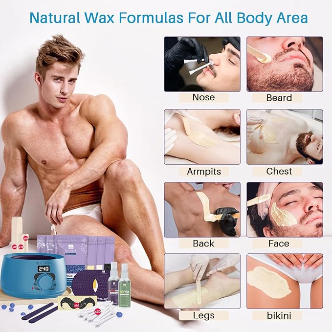 BLITZWAX Back and Nose Waxing Kit for Men Hard Wax Warmer for Brazilian Body and Face At Home Hair Removal Kit Beginner Friendly Quick Heating 93 Accessories Royal Blue