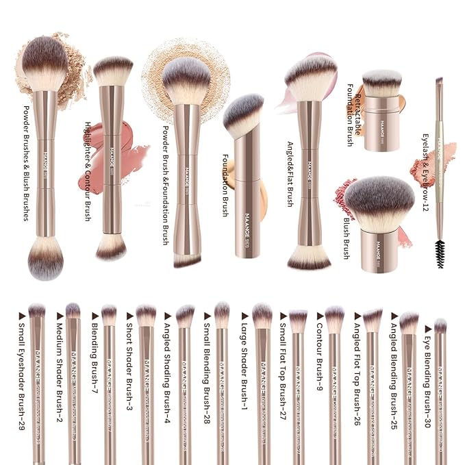 MAANGE 20 PCS Makeup Brush Set with Bag Double-ended Kabuki Brush Foundation Contour Brush for Liquid Powder Concealer Eye Shadows Cream Cosmetics Blending Blush Face Makeup Tools with Case (Gold)