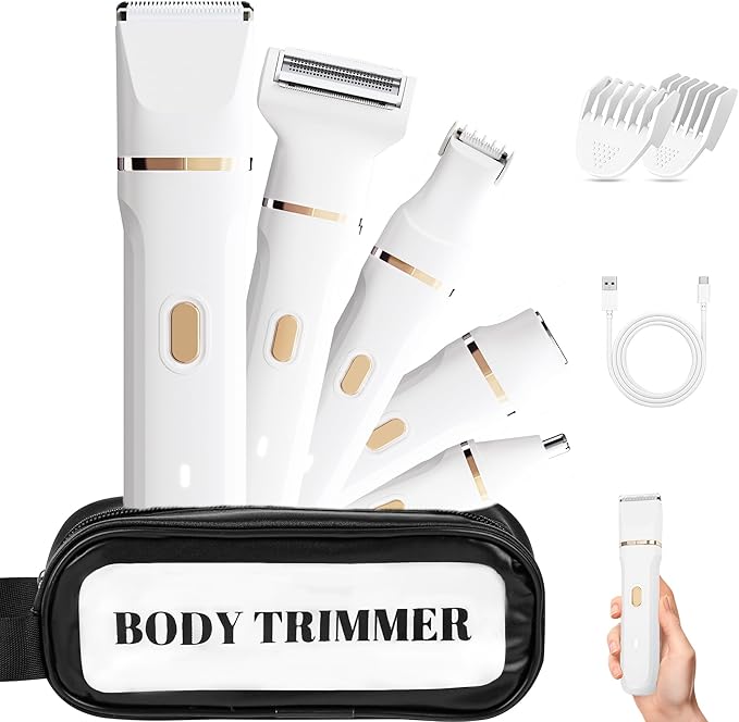 Bikini Trimmer for Women 5-in-1 Waterproof Electric Razors for Women Rechargeable Pubic Hair Trimmer Electric Shaver with Travel Pouch Body Shaver for Private Area Underarm Leg Face Nose White