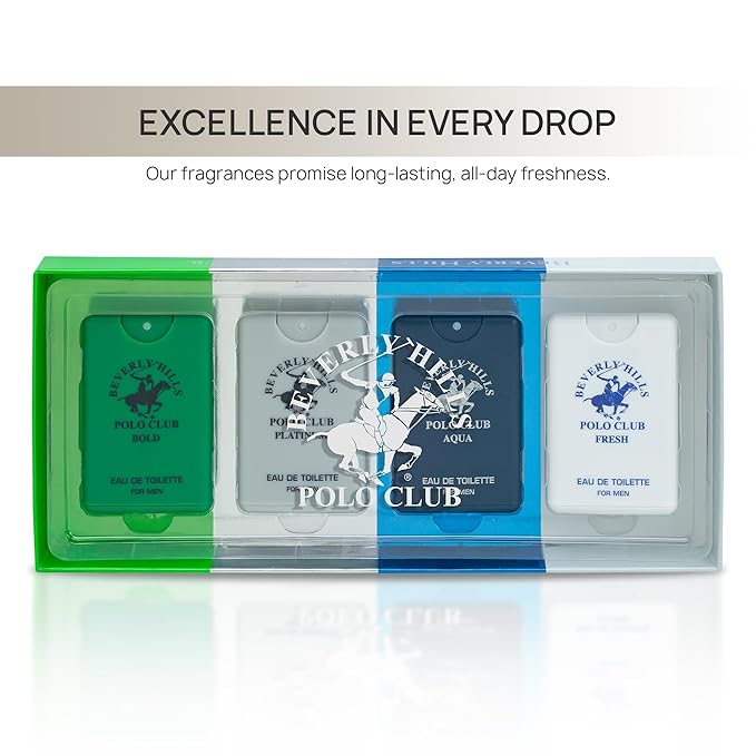 Beverly Hills Polo Club MENS 4PC 20ML POCKET SPRAY - GREEN - CONTAINS FRESH/PLATINUM/BOLD/AQUA