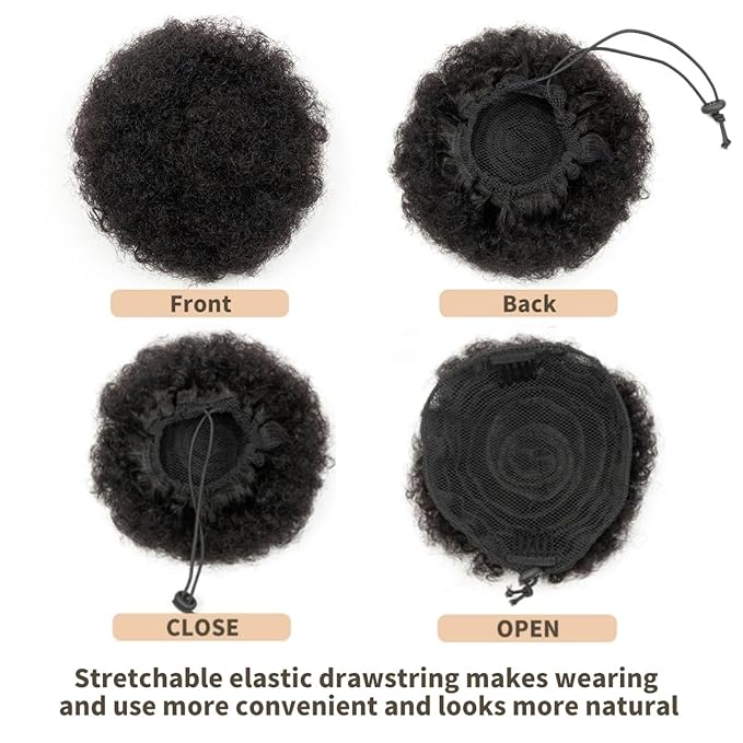 Boymia Afro Puff Drawstring Ponytail #BURG Burgundy 6 Inch Afro Kinky Curly Hair Bun Hairpieces Clip On Kinky Drawstring Curly Ponytail Bun 100% Remy Human Hair Naturally Styled Hairpiece