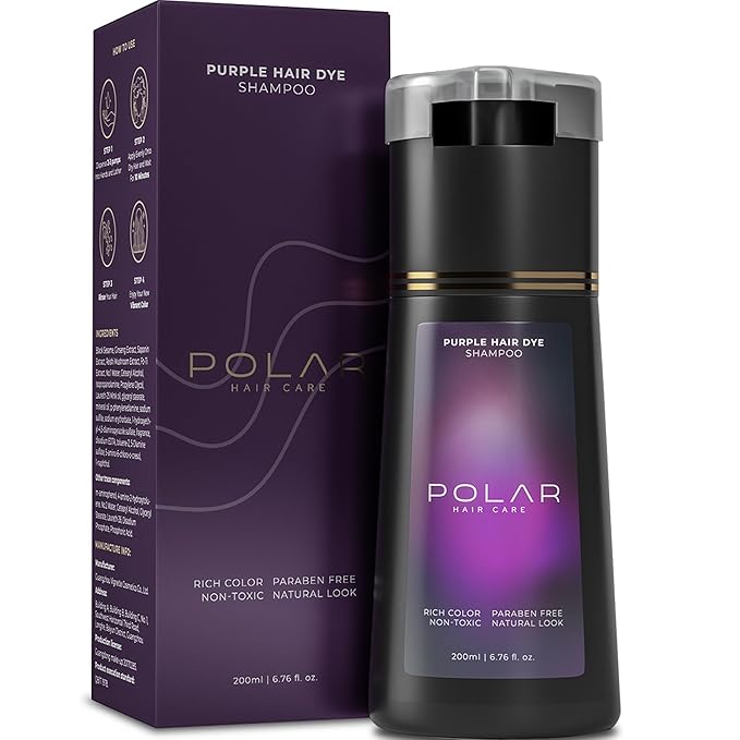 Polar Haircare - Purple Hair Dye Shampoo for Gray Hair for Women &amp Men - Natural Semi Permanent Vegan Hair Color Shampoo - Ammonia-Free Gray Hair Shampoo for Woman - 3-in-1 Gray Coverage 6.76 Fl O