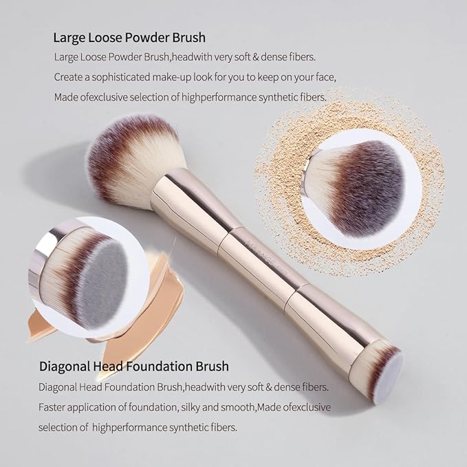 MAANGE 20 PCS Makeup Brush Set with Bag Double-ended Kabuki Brush Foundation Contour Brush for Liquid Powder Concealer Eye Shadows Cream Cosmetics Blending Blush Face Makeup Tools with Case (Gold)