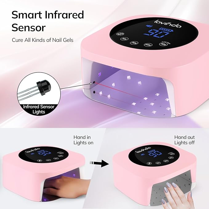 Lavinda UV LED Nail Lamp 54W Cordless Gel Nail Light Rechargeable UV Lamp for Nails Professional LED Nail Dryer with Timer &amp Display for Gel Nails Salon Home Use Matte Macaron Pink