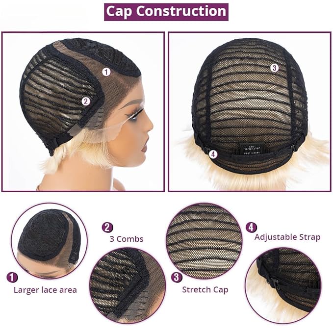 Side Part Black Human Hair Pixie Wigs HD Lace Front with Swept Bangs Short Curly Natural Color Glueless Cap for Women (Ombre Brown6 Inch)