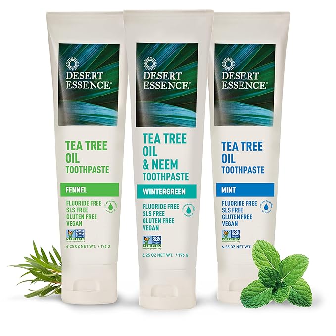 Desert Essence Tea Tree Oil Toothpaste - Mint - 18.75 Oz (6.25 Oz * Pack of 3) - Refreshing Taste - Deep Cleans Teeth &amp Gums - Helps Fight Plaque - Sea Salt - Pure Essential Oil - Baking Soda