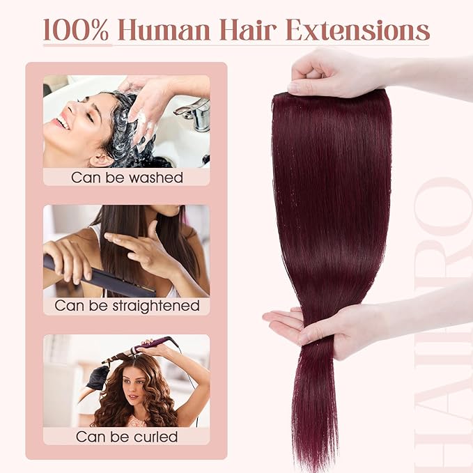 Hairro Clip in Hair Extensions Real Human Hair 14 Inch Clip in Thin Remy Hairpieces Burgundy Short Straight Standard Weft One Piece 5 Clips 45g for Women#99J Wine Red