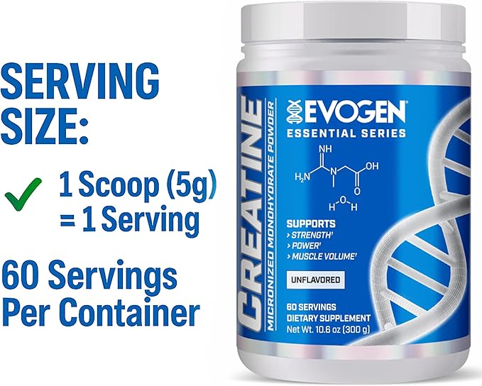 Evogen Creatine Monohydrate Powder - Micronized Creatine for Women &amp Men | Pure Creatine Powder Supplement for Strength Power &amp Recovery | Unflavored | 60 Servings