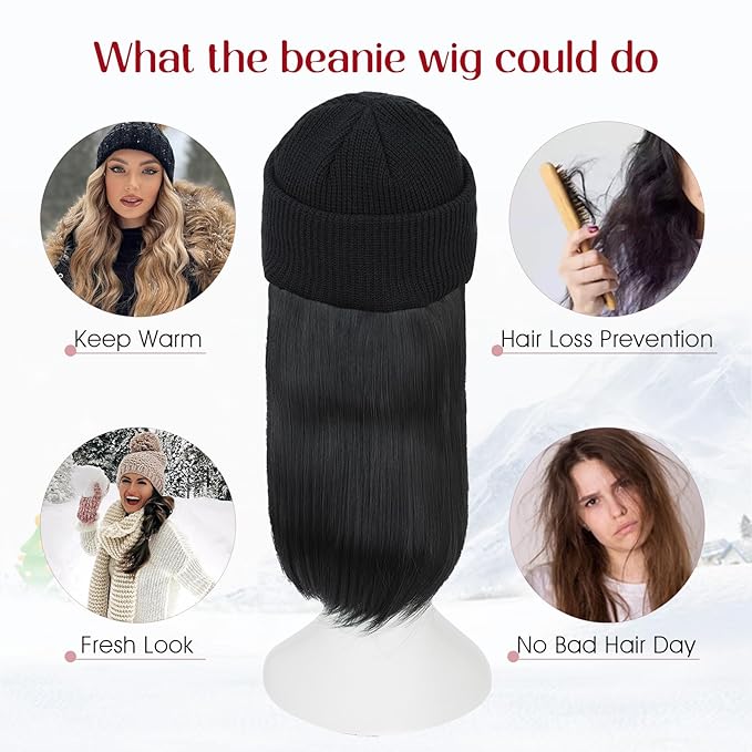 S-noilite Beanie Wig Hair Extensions11 Inch Short Straight Hair Extensions with Knitted Hat Hairpieces for Women Winter Medium Brown