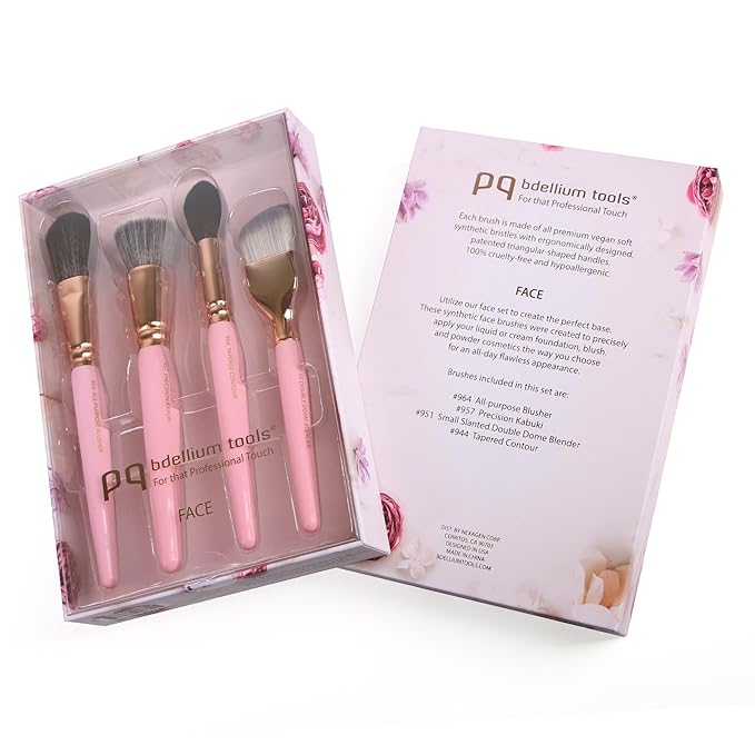 Bdellium Tools Pink Golden Triangle Face Makeup Brush Set - with Soft Synthetic Bristles and Rose Gold Brass Ferrule for a Flawless Appearance (Pink 4 pcs)