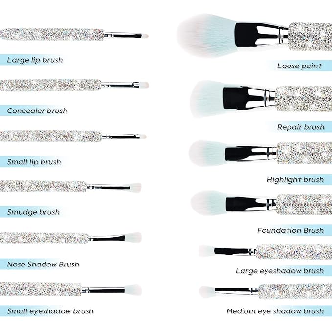 Makeup Brushes Bling Crystal Professional Face Cosmetics Blending Liquid Foundation Powder Concealer Eye Shadows Make Up Beauty Tool Glitter(12PCS) (Purely Handmade) (White)
