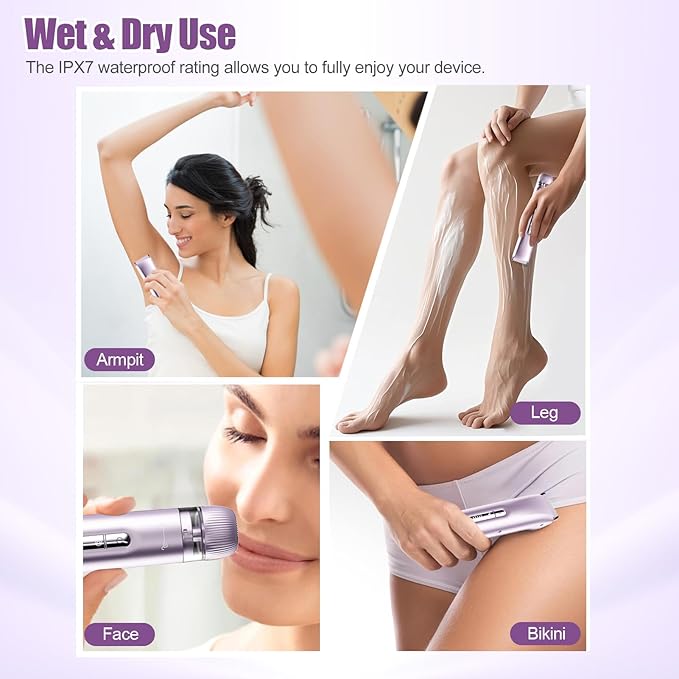 Bikini Trimmer for Women 2 in 1 Dual Head Womens Electric Shaver Electric Razors for Pubic Hair IPX7 Waterproof Rechargeable Facial Hair Removal for Shaving Underarm Leg Arm Body Face Purple