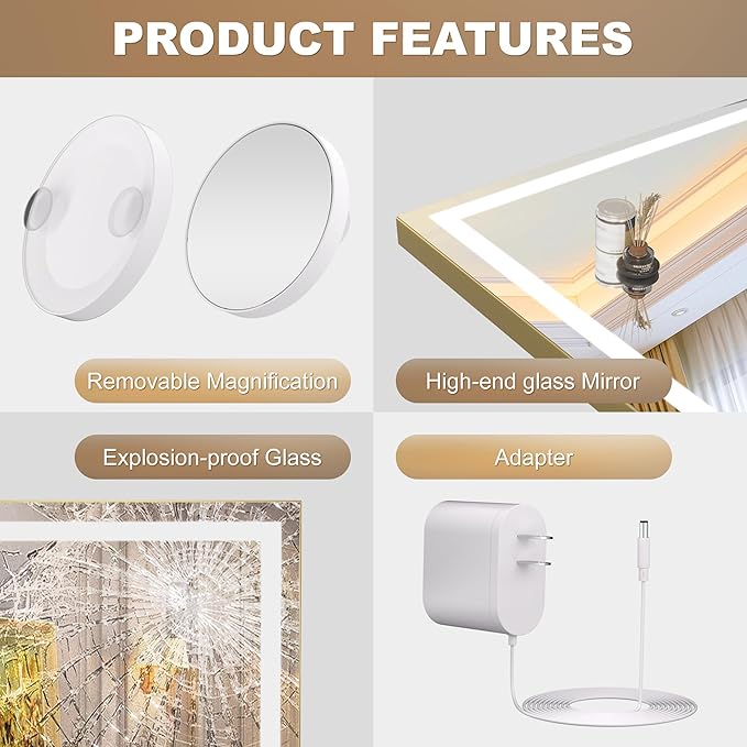 Hasipu Vanity Mirror with Lights 23 x 18 LED Makeup Mirror Lighted Makeup Mirror with Dimmable 3 Modes Touch Screen Control Vanity Mirror Square Gold