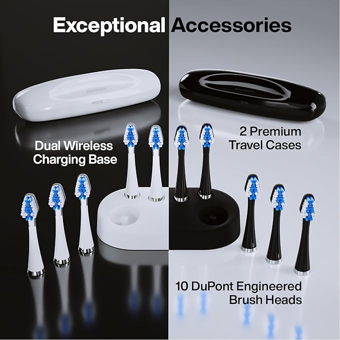 Aquasonic Duo - Dual Handle Ultra Whitening 40000 VPM Wireless Charging Electric ToothBrushes - 3 Modes with Smart Timers - 10 Dupont Brush Heads &amp 2 Travel Cases Included