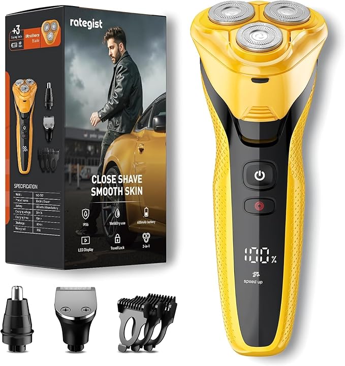 Rechargeable Electric Razor for Men: 3-in-1 Shaver for Beard/Nose/Sideburns - IPX7 Waterproof Travel Kit - Turbo Speed &amp Precision BladesCyber Yellow
