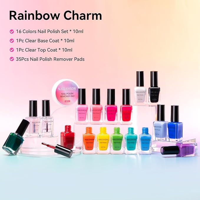 Nail Polish 16 Colors Rainbow Air Dry Regular Nail Polish Set with Base Top Coat &amp Remover Pads| White Red Classic French Fingernail Polishes Non-gel Bulk Gift for Nail Art Lovers