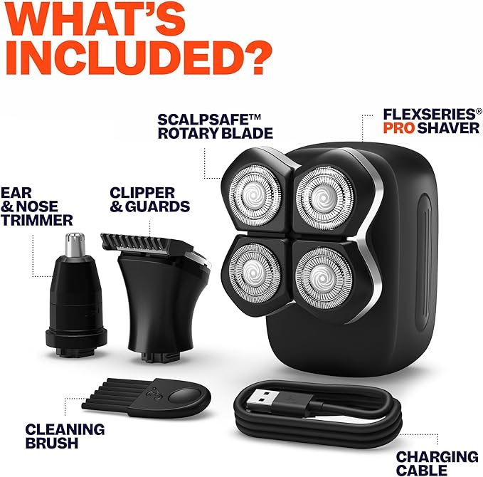 Freebird FlexSeries Pro Electric Head &amp Body Shaver - Mens Cordless Rechargeable Wet/Dry Skull Bald Head Back &amp Groin Waterproof Razor with Rotary Blades Clippers Nose Trimmer Brush Massag