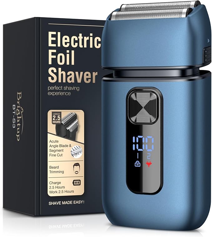 Brightup Foil Shaver Electric Razor &amp Shavers for Men with Trimmer[150 Min Runtime] IPX6 Waterproof Double Floating Blades for Shaving Face Cordless/Type C Rechargeable/Travel Lock/LED Display