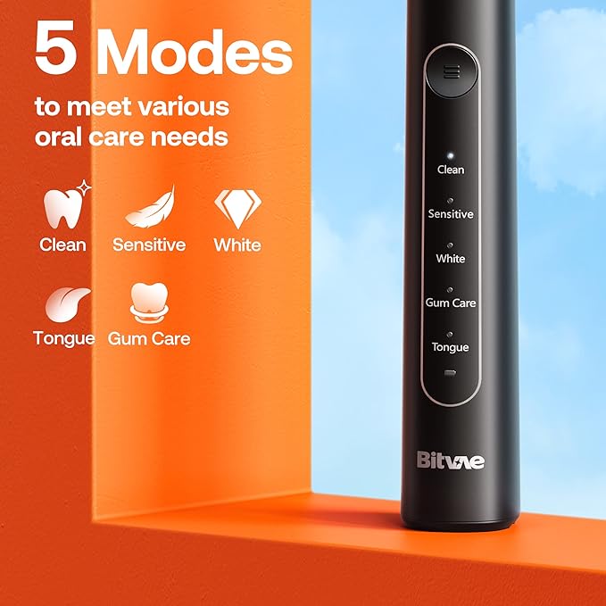 Bitvae R2 Rotating Electric Toothbrush for Adults with 8 Brush Heads Travel Case 5 Modes Rechargeable Power Toothbrush with Pressure Sensor 3 Hours Fast Charge for 30 Days Black