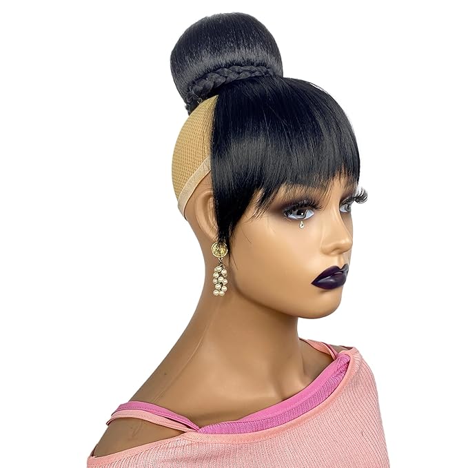 Hair Bun and Bang Set 2PCS Small Size Black Synthetic Braided Bun N Bang Clip in China Bang Hair Piece Hair Bun with Bangs for Black Women(J072S-1B#)