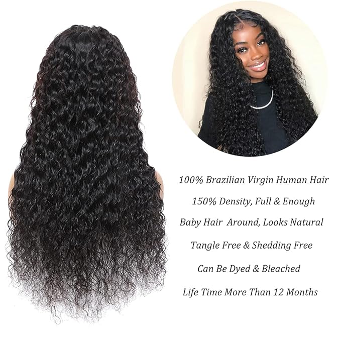 Metamuclia Water Wave 4x4 Lace Front Wigs Human Hair Pre Plucked 180% Density Brazilian Virgin Wet and Wavy Wigs for Women Curly Wig with Baby Hair Natural Color 24 Inch
