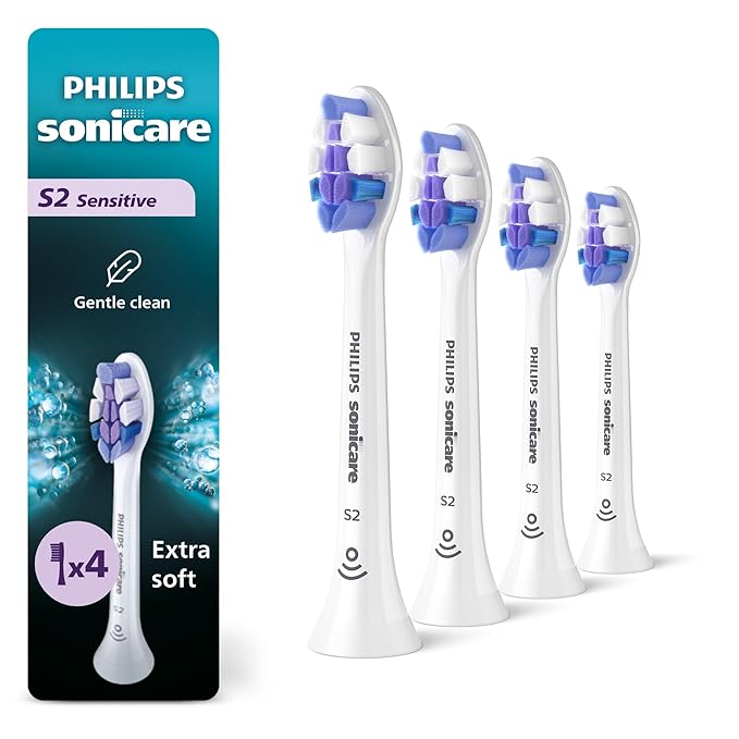 Philips Sonicare S2 Sensitive - Genuine Replacement Electric Toothbrush Heads White 4 Pack One Year Supply HX6054/77