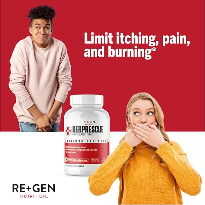 Re+Gen Nutrition HERPRESCUE Outbreak Support Supplement Cold Sore Care for Adults Natural Capsules w/Zinc Vitamin C &amp L lysine Amino Acid for Immune Health 120 Capsules