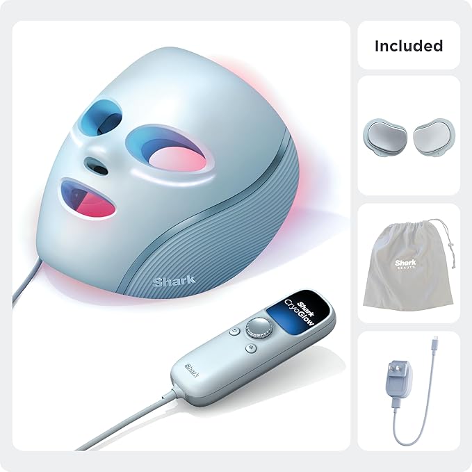 Shark CryoGlow LED Face Mask with Under-Eye Cooling Anti-Ageing &amp Blemish Repair Red &amp Blue LED Infrared Light Therapy USB-C Remote Control Storage Bag Blue Frost FW312